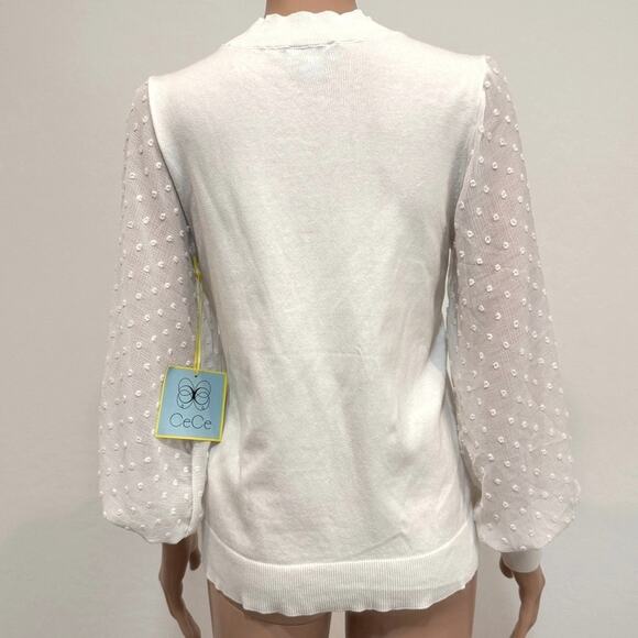 new CeCe XS mock neck clip swiss dot sheer sleeve sweater top TLS1 3063 - Picture 6 of 10